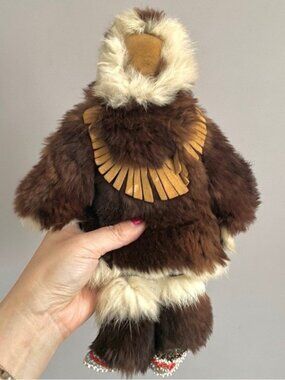 Vintage Handmade Native Inuit Eskimo Full Doll - 10", made out of leather & fur!